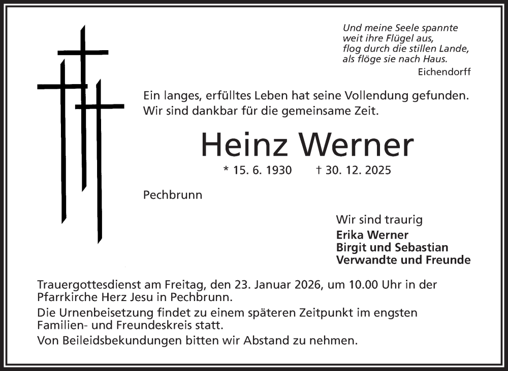  Traueranzeige für Heinz Werner vom 17.01.2026 aus Frankenpost