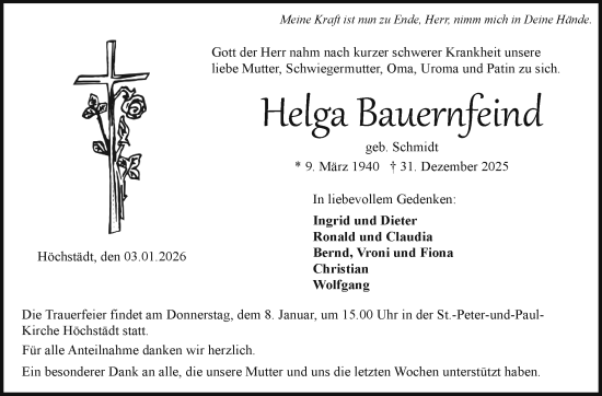 Traueranzeige von Helga Bauernfeind von Frankenpost
