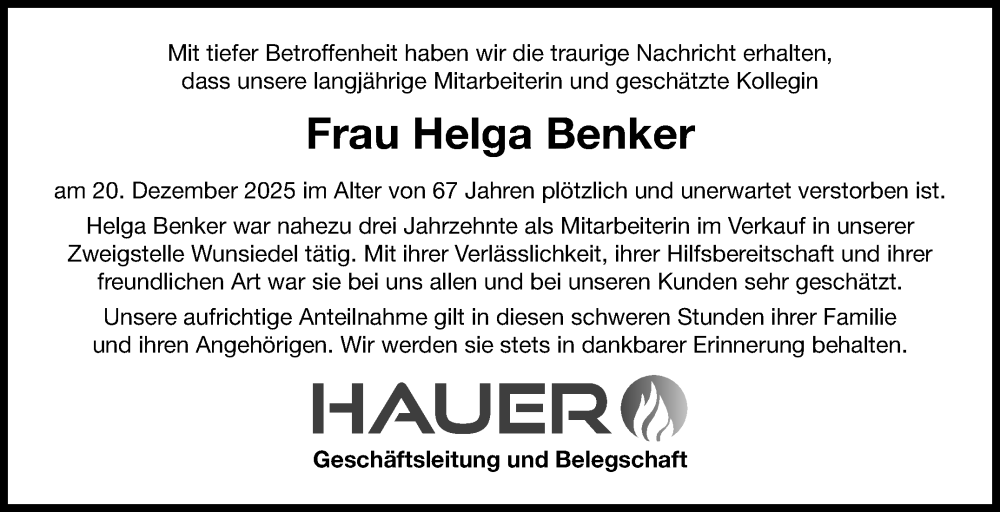  Traueranzeige für Helga Benker vom 02.01.2026 aus Frankenpost