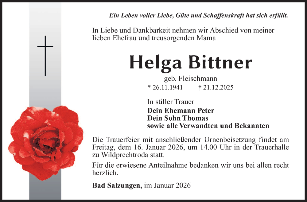  Traueranzeige für Helga Bittner vom 10.01.2026 aus Südthüringer Presse