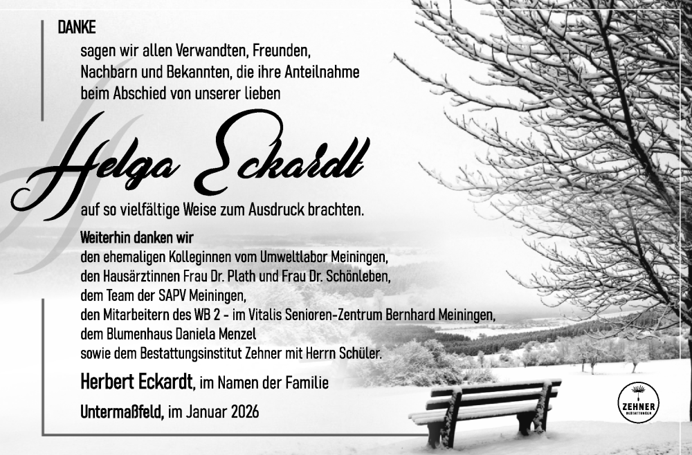  Traueranzeige für Helga Eckardt vom 03.01.2026 aus Südthüringer Presse