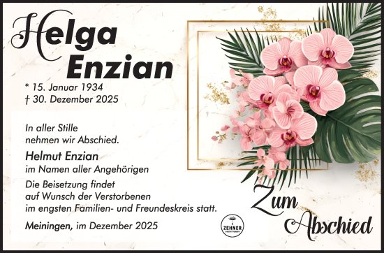 Traueranzeige von Helga Enzian von Südthüringer Presse