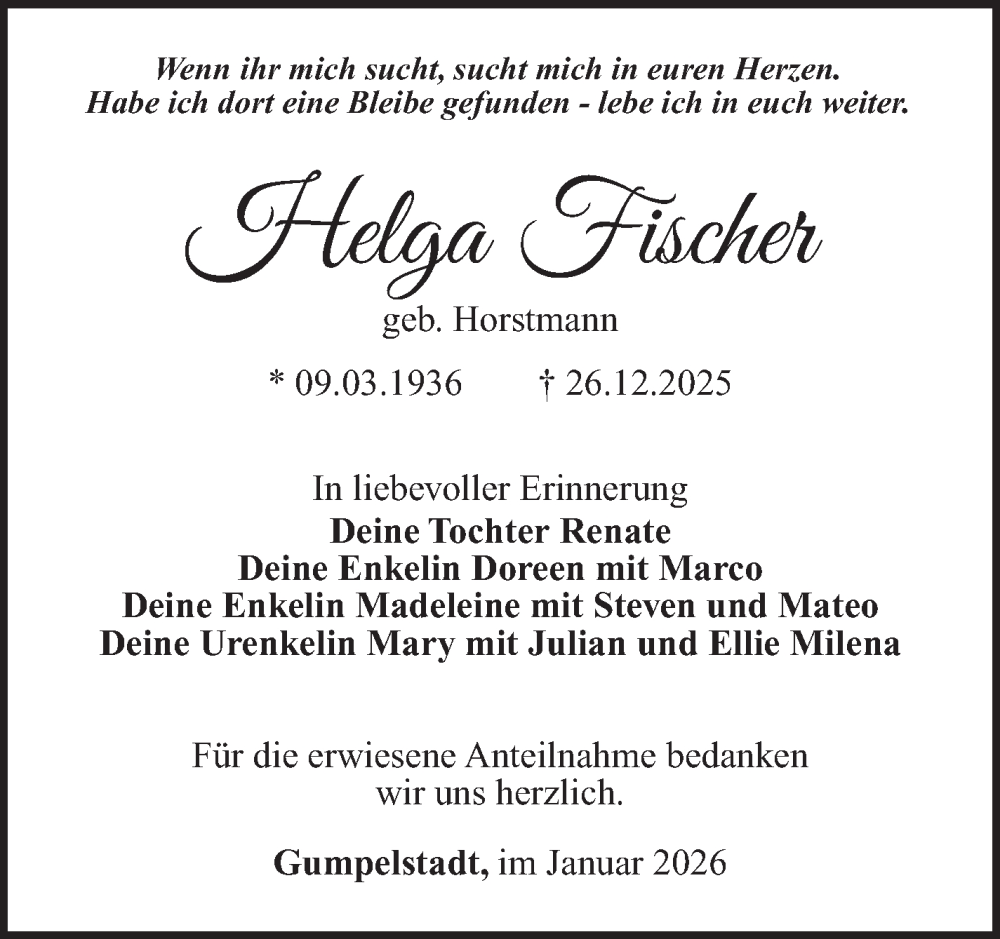  Traueranzeige für Helga Fischer vom 31.01.2026 aus Südthüringer Presse