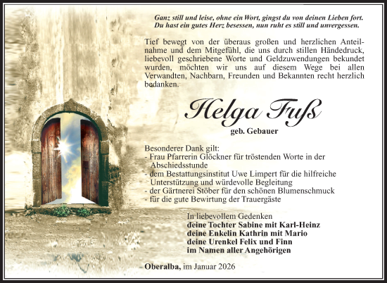 Traueranzeige von Helga Fuß von Südthüringer Presse