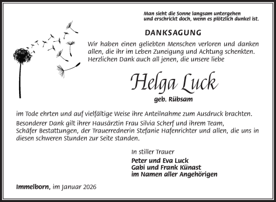 Traueranzeige von Helga Luck von Südthüringer Presse