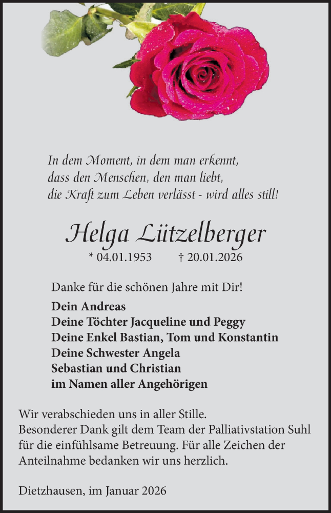 Traueranzeige für Helga Lützelberger vom 31.01.2026 aus Südthüringer Presse