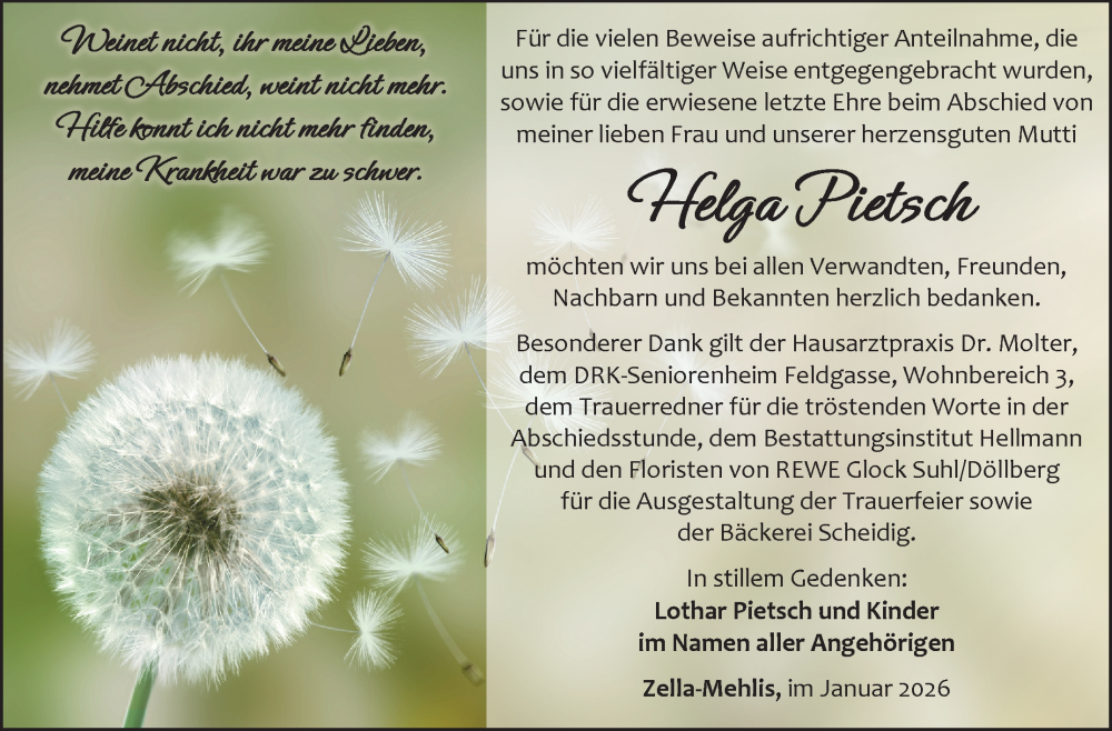  Traueranzeige für Helga Pietsch vom 17.01.2026 aus Südthüringer Presse