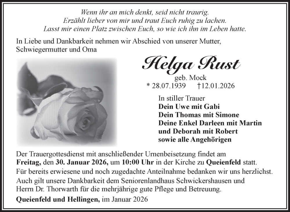  Traueranzeige für Helga Rust vom 24.01.2026 aus Südthüringer Presse