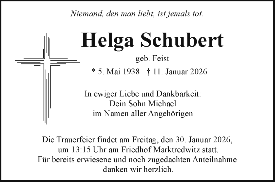 Traueranzeige von Helga Schubert von Frankenpost