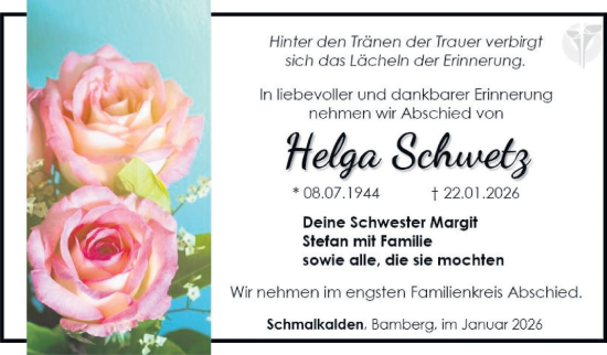 Traueranzeige von Helga Schwetz von Südthüringer Presse