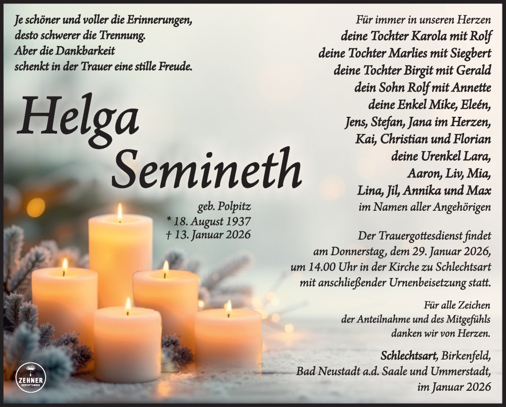  Traueranzeige für Helga Semineth vom 24.01.2026 aus Südthüringer Presse