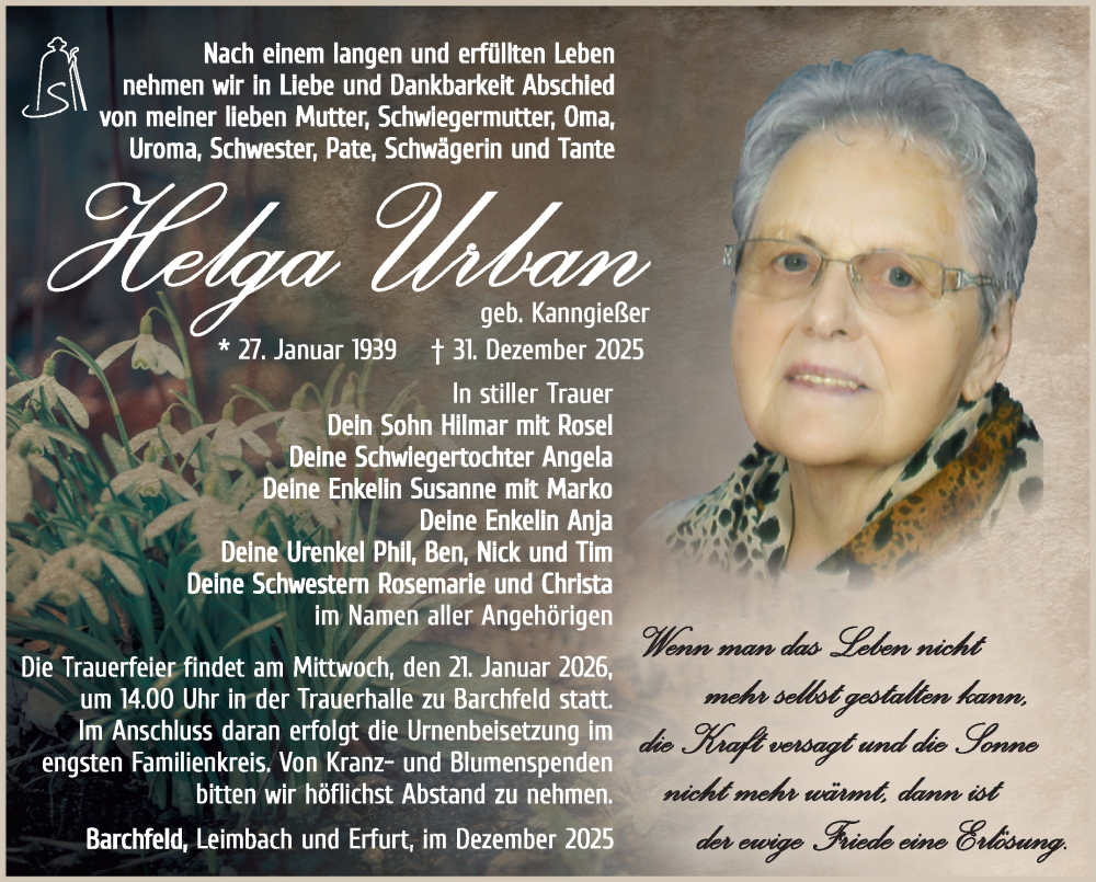  Traueranzeige für Helga Urban vom 17.01.2026 aus Südthüringer Presse