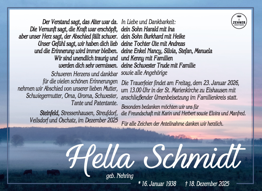  Traueranzeige für Hella Schmidt vom 10.01.2026 aus Südthüringer Presse