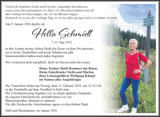 Traueranzeige von Hella Schmidt von Südthüringer Presse