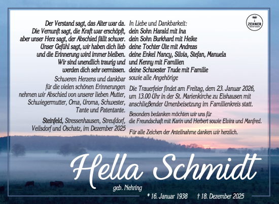 Traueranzeige von Hella Schmidt von Südthüringer Presse
