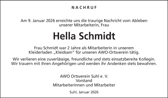 Traueranzeige von Hella Schmidt von Südthüringer Presse