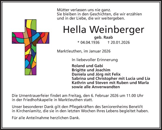 Traueranzeige von Hella Weinberger von Frankenpost