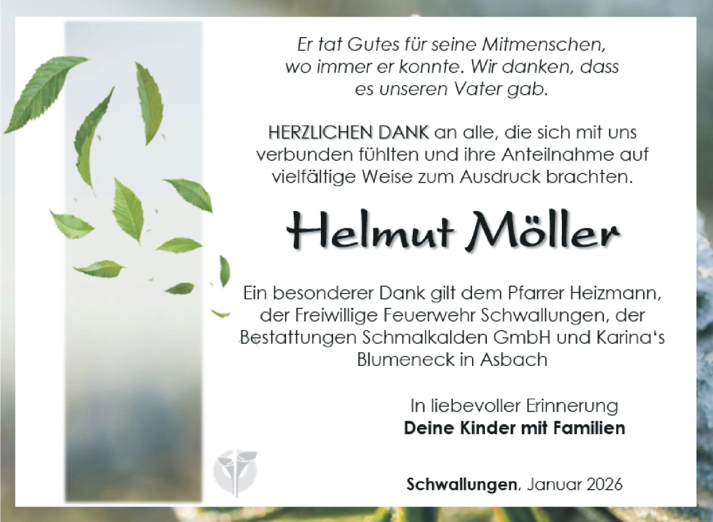  Traueranzeige für Helmut Möller vom 17.01.2026 aus Südthüringer Presse