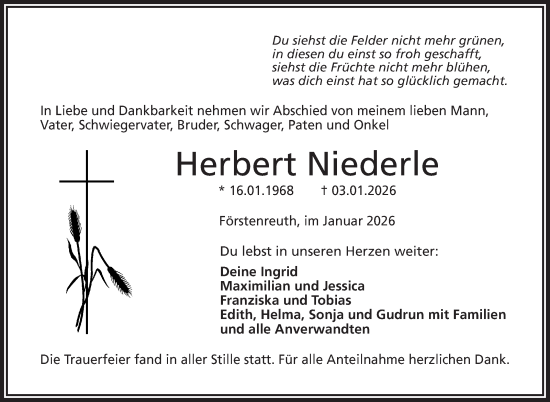 Traueranzeige von Herbert Niederel von Frankenpost