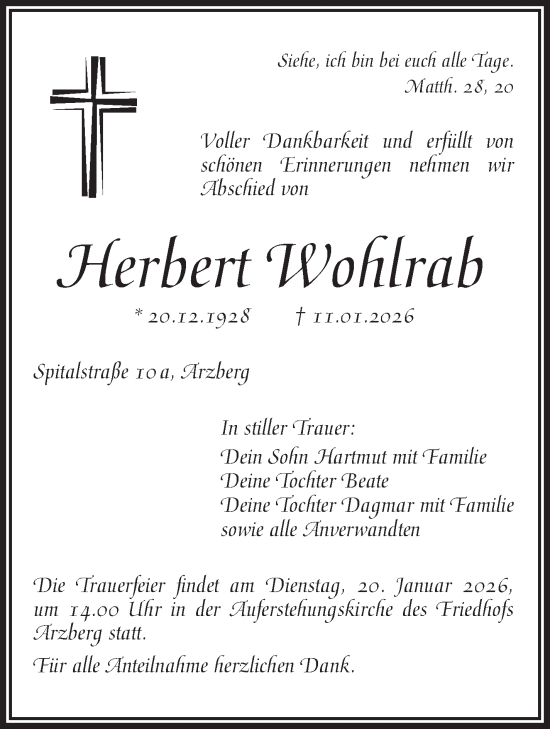 Traueranzeige von Herbert Wohlrab von Frankenpost