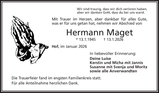 Traueranzeige von Hermann Maget von Frankenpost
