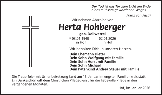 Traueranzeige von Herta Hohberger von Frankenpost