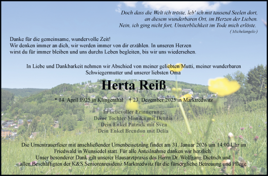 Traueranzeige von Herta Reiß von Frankenpost