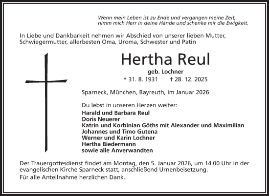 Traueranzeige von Hertha Reul von Frankenpost