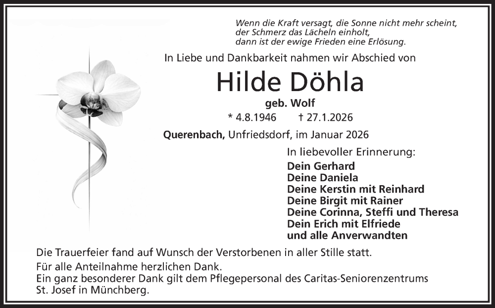  Traueranzeige für Hilde Döhla vom 31.01.2026 aus Frankenpost