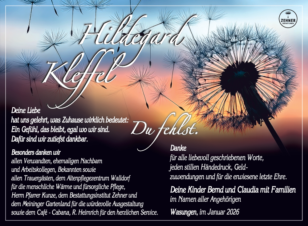  Traueranzeige für Hildegard Kleffel vom 24.01.2026 aus Südthüringer Presse