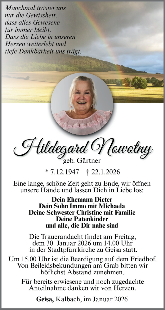  Traueranzeige für Hildegard Nowotny vom 27.01.2026 aus Südthüringer Presse