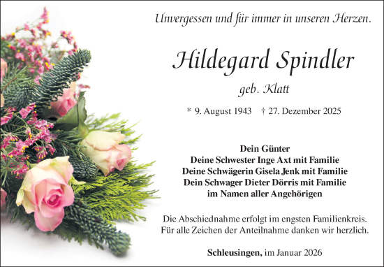 Traueranzeige von Hildegard Spindler von Südthüringer Presse