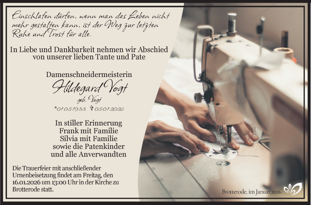  Traueranzeige für Hildegard Vogt vom 10.01.2026 aus Südthüringer Presse