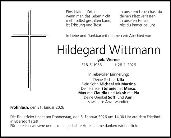Traueranzeige von Hildegard Wittmann von Neue Presse Coburg