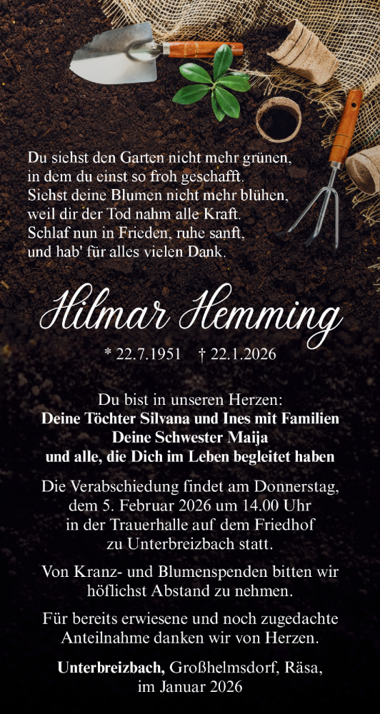 Traueranzeige von Hilmar Hemming von Südthüringer Presse