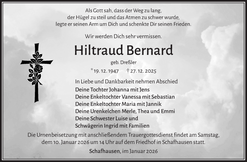  Traueranzeige für Hiltraud Brenard vom 03.01.2026 aus Südthüringer Presse