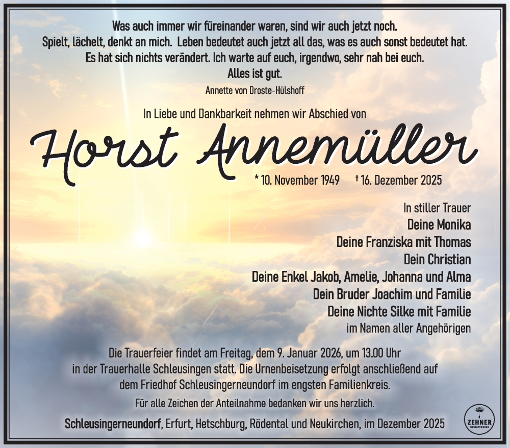  Traueranzeige für Horst Annemüller vom 03.01.2026 aus Südthüringer Presse