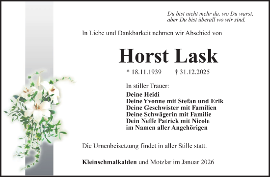 Traueranzeige von Horst Lask von Südthüringer Presse