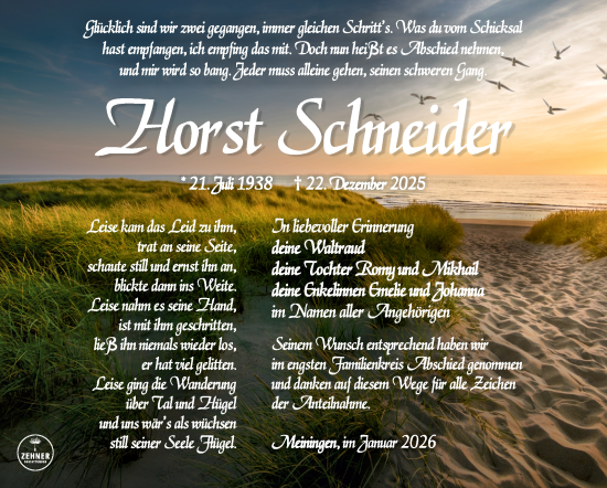 Traueranzeige von Horst Schneider von Südthüringer Presse