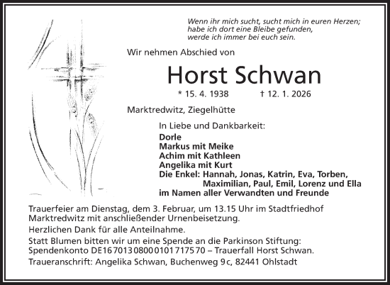 Traueranzeige von Horst Schwan von Frankenpost