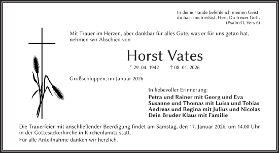Traueranzeige von Horst Vates von Frankenpost