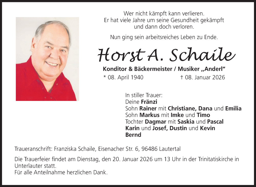  Traueranzeige für Horst A. Schaile vom 17.01.2026 aus Neue Presse Coburg