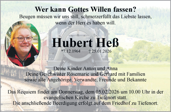 Traueranzeige von Hubert Heß von Südthüringer Presse