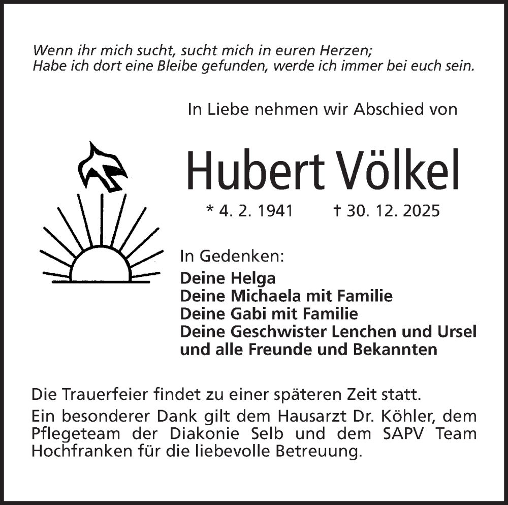  Traueranzeige für Hubert Völkel vom 10.01.2026 aus Frankenpost