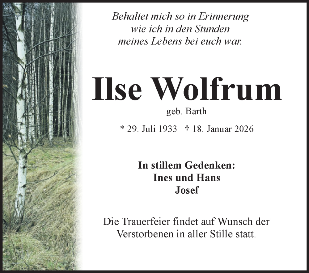  Traueranzeige für Ilse Wolfrum vom 24.01.2026 aus Frankenpost