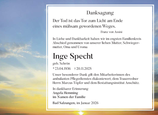 Traueranzeige von Inge Specht von Südthüringer Presse