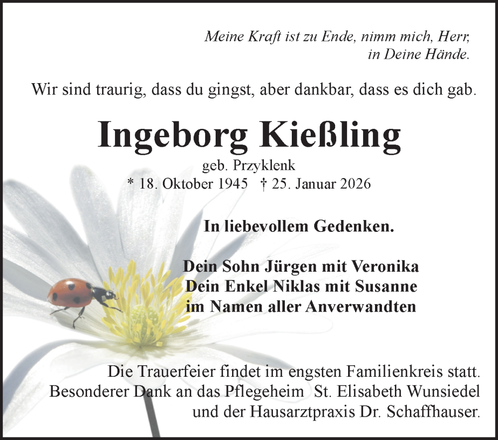  Traueranzeige für Ingeborg Kießling vom 31.01.2026 aus Frankenpost
