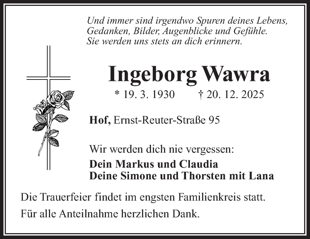  Traueranzeige für Ingeborg Wawra vom 31.01.2026 aus Frankenpost