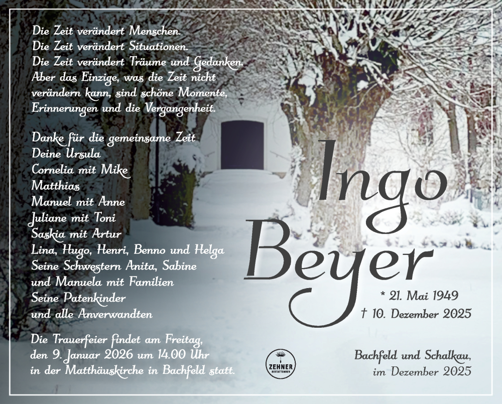  Traueranzeige für Ingo Beyer vom 03.01.2026 aus Südthüringer Presse