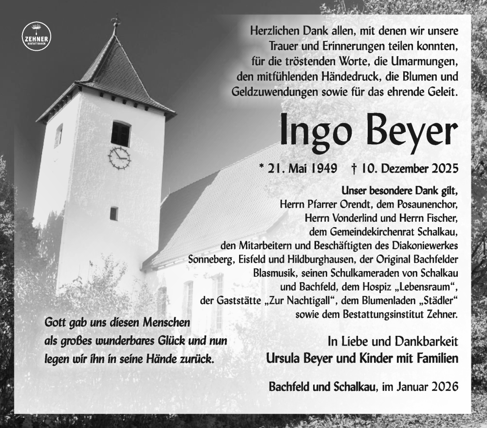  Traueranzeige für Ingo Beyer vom 24.01.2026 aus Südthüringer Presse